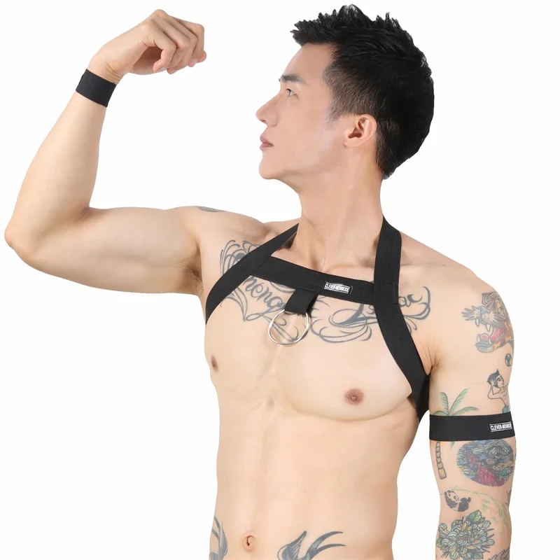 Sexy Clubwear Shoulder Lingerie Elastic Strap With 2 Bands Men Camouflage Halter Chest Harness Fetish Bondage mens bondage lingerie,sexy fetish wear,men chest harness belt