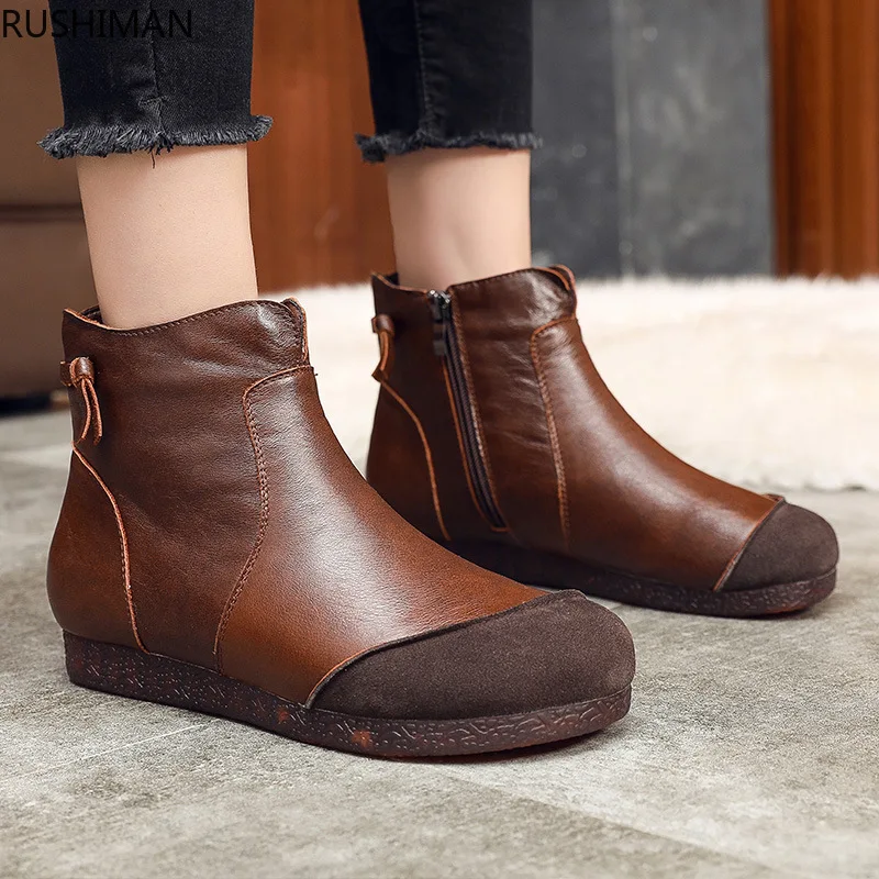 

Rushiman's mother's short boots genuine leather soft bottom women's shoes winter warm anti-slip vintage cotton shoes SIZE 35-41
