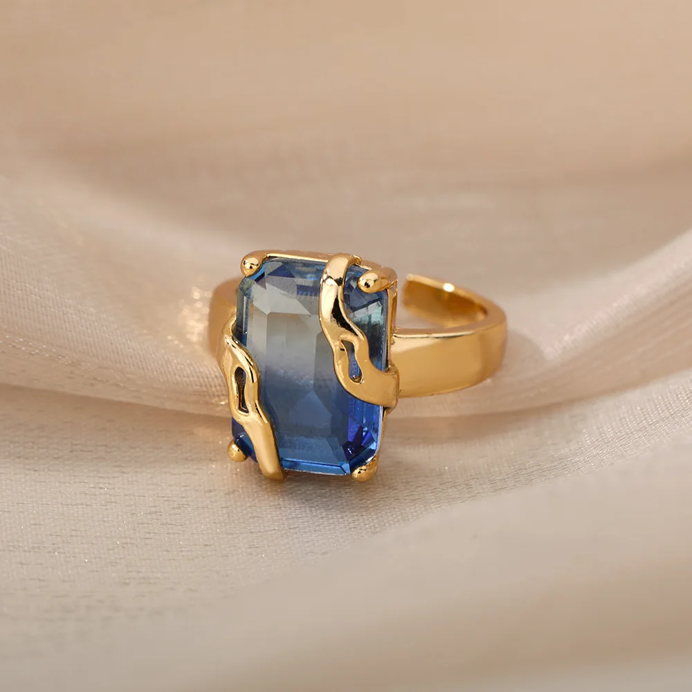 Cubic Zircon Blue Square Stone Rings For Women