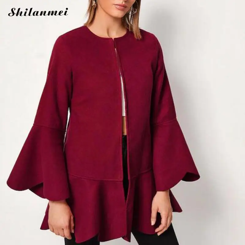 Shilanmei, рукав колокол, женские куртки, красные, женские, хлопок, с оборками, пальто, Сексуальный Кардиган, длинное пальто, мода, уличная одежда, Женское пальто