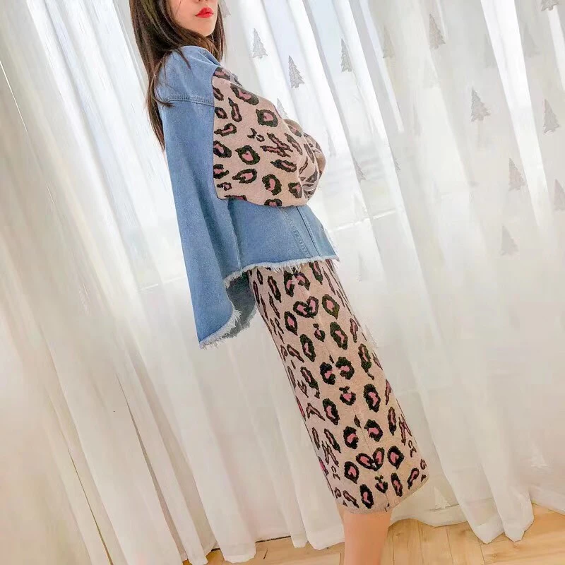 Леопардовый вязаный комплект из двух предметов для женщин лоскутный джинсовый свитер высокая талия юбки женский костюм осень мода 45