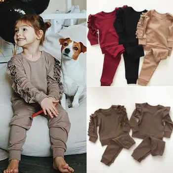 

Newborn Baby Boys Girls Clothes Sets Ruffles Decor Sweatshirt + Pants Solid Long Sleeve Infant kids Fall clothes 3 Color