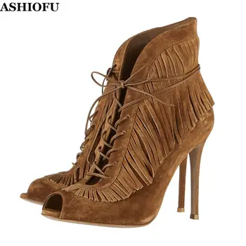 

ASHIOFU Handmade New Ladies High Heel Pumps Fringed&Tassels Shoelace Party Prom Shoes Peep-toe Evening Club Fashion Court Shoes