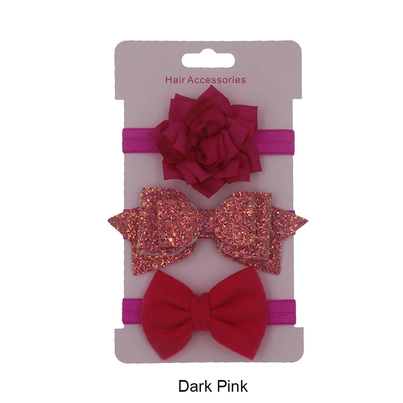dark pink Новинка, 3 предмета/комплект, эластичный цветок повязки для детей, аксессуары для волос для девочек, банты для девочек, нейлоновые тюрбаны, обтягивающие тянущиеся резинки для волос - Цвет: dark pink