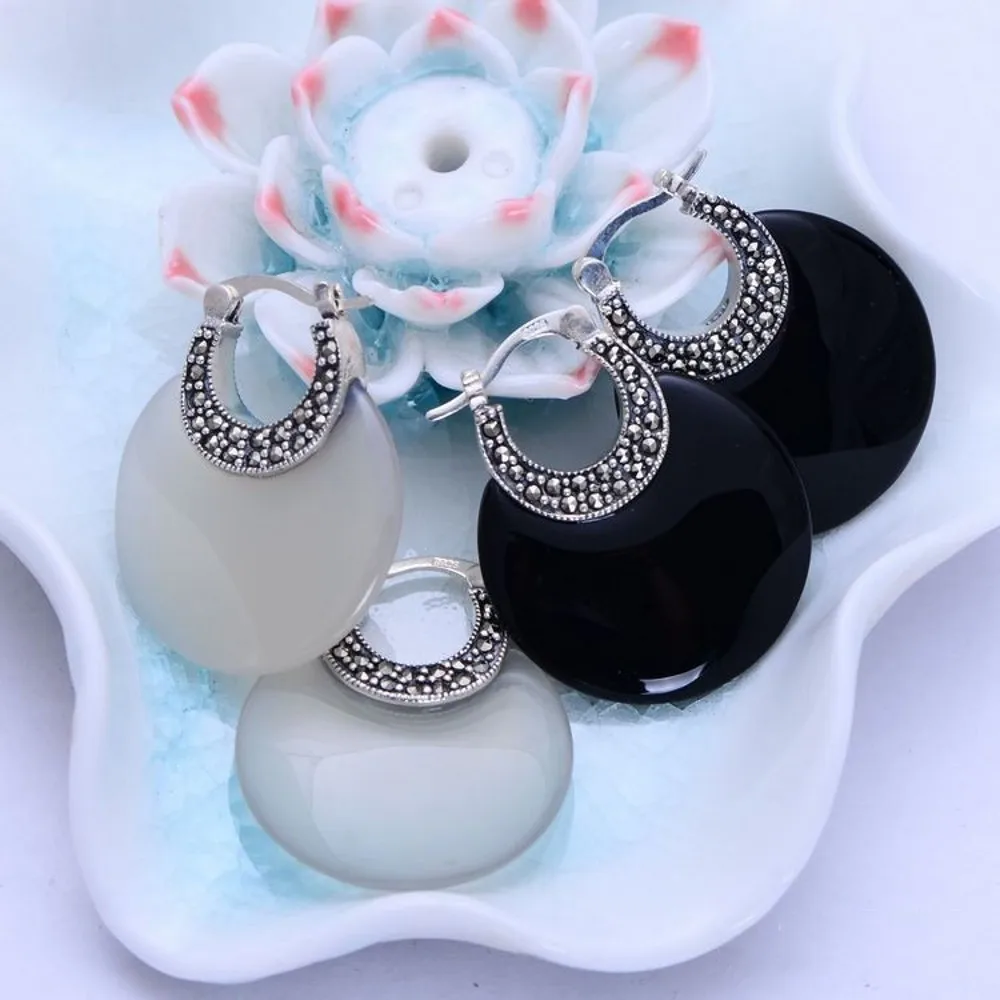Женские серьги из серебра 925 пробы с черным/белым опалом|925 sterling silver black|silver blackonyx