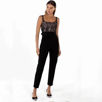 

New Women Black Lace Bandage Jumpsuit 2019 Sexy Summer Spaghetti Strap Bodycon Patchwork Backless Club Celebrity Party Jumpsuits