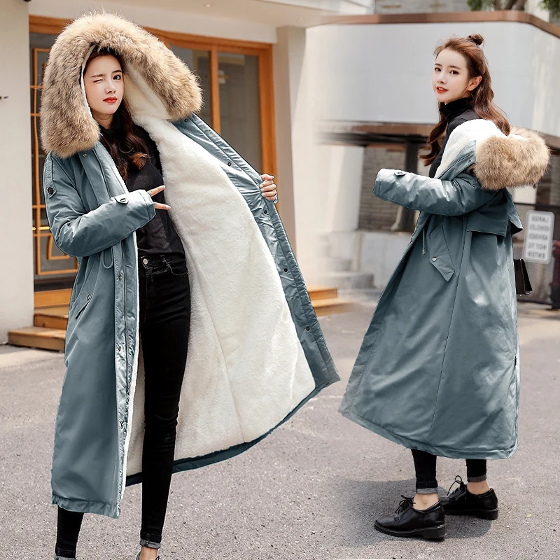 30 градусов зимняя одежда X-long parkas зимняя куртка женская меховая куртка с капюшоном Женское пальто с подкладкой из пуха Толстая зимняя куртка женская одежда - Цвет: Синий