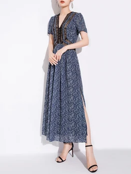 

V-neck French Dress Summer 2020 New Female Temperament Waist Thin Little Man with Significantly Higher than Long Dress