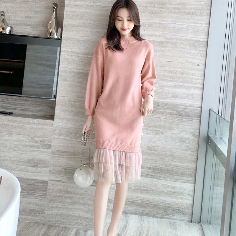 019 autumn and winter Korean mesh stitching beaded long-sleeved knit dress in the long sweater women's Vestidos | Женская одежда
