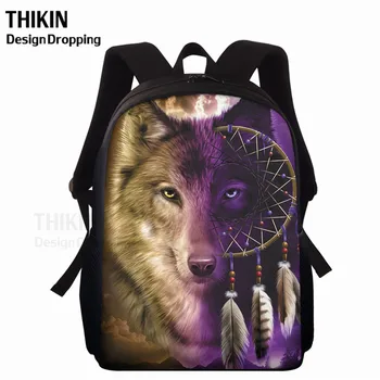 

THIKIN Purple Dreamcatcher Wolf Kids Schoolbag Girl Boy 15inch Backpack College Student Mochila Rucksack 3D School Book Bags