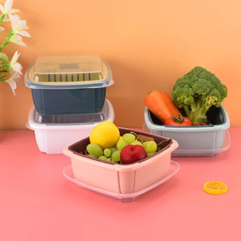 

Multifunction Double-layer Drain Basket With Lid Kitchen Refrigerator Drain Storage Box Plastic Fruit Storage Basket