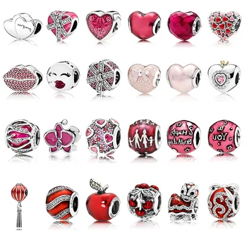 

Real 925 Sterling Silver Original Pandorass Red Love Heart Charm Beads Women Diy Bracelets Bangles Jewelry Valentine's Day Gift