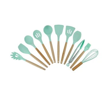 

11 Pcs Wooden Handle Silicone Kitchenware Set for Non-stick Pan Kitchen Tool Accessories Spatula Spoon Clip Whisk Brush Ladle