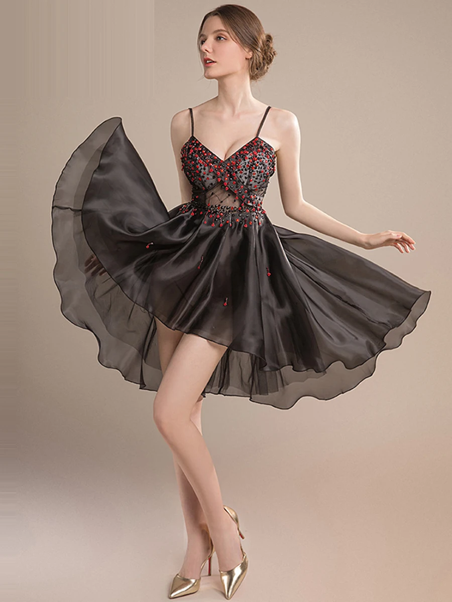 Skyyue коктейльное платье с бисером Мини Vestidos De Gala сексуальное женское вечернее платье с v-образным вырезом без рукавов коктейльное платье H071