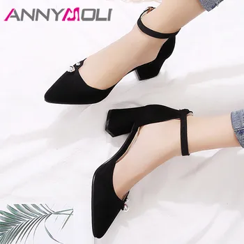 

ANNYMOLI Two Piece Pumps Pointed Toe High Heels Ankle Strap Block Heel Shoes Metal Decoration Female Footwear Black Red Size 43