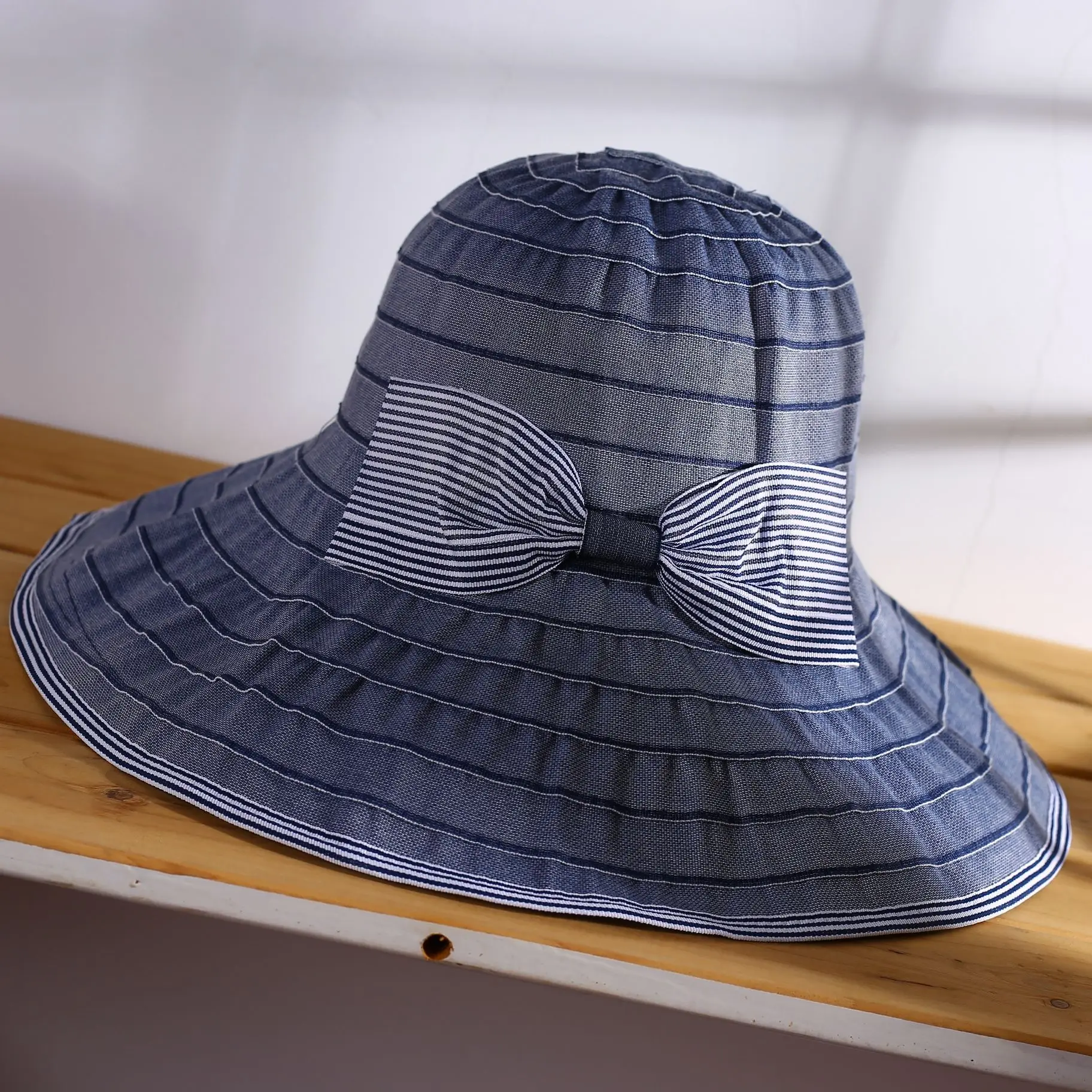 

Spring And Summer-Japanese-style Bucket Hat Stripes Bow Mixed Colors Large Brimmed Topee Sun Hat Women's Sun-resistant Hat