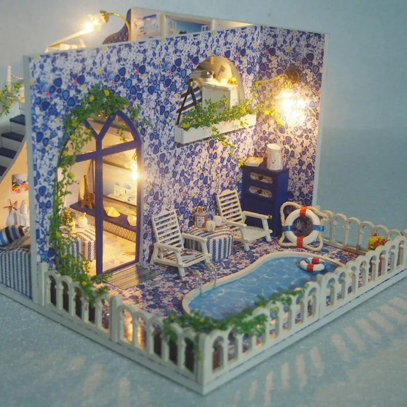 

Jiate Creative Gifts Handmade DIY Hut Entirely Handmade Assembled Model Santorini Light Included