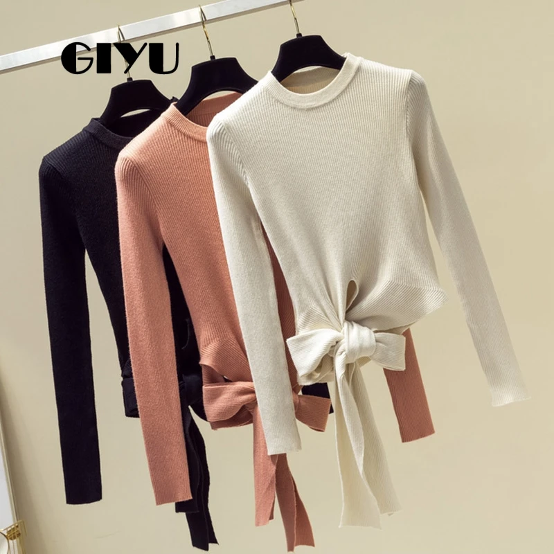 

GIYU O Neck Ribbed Sweater Long Sleeve Lace Up Winter Knitted Solid Jumpers Elegant Slim Bow sueter mujer invierno