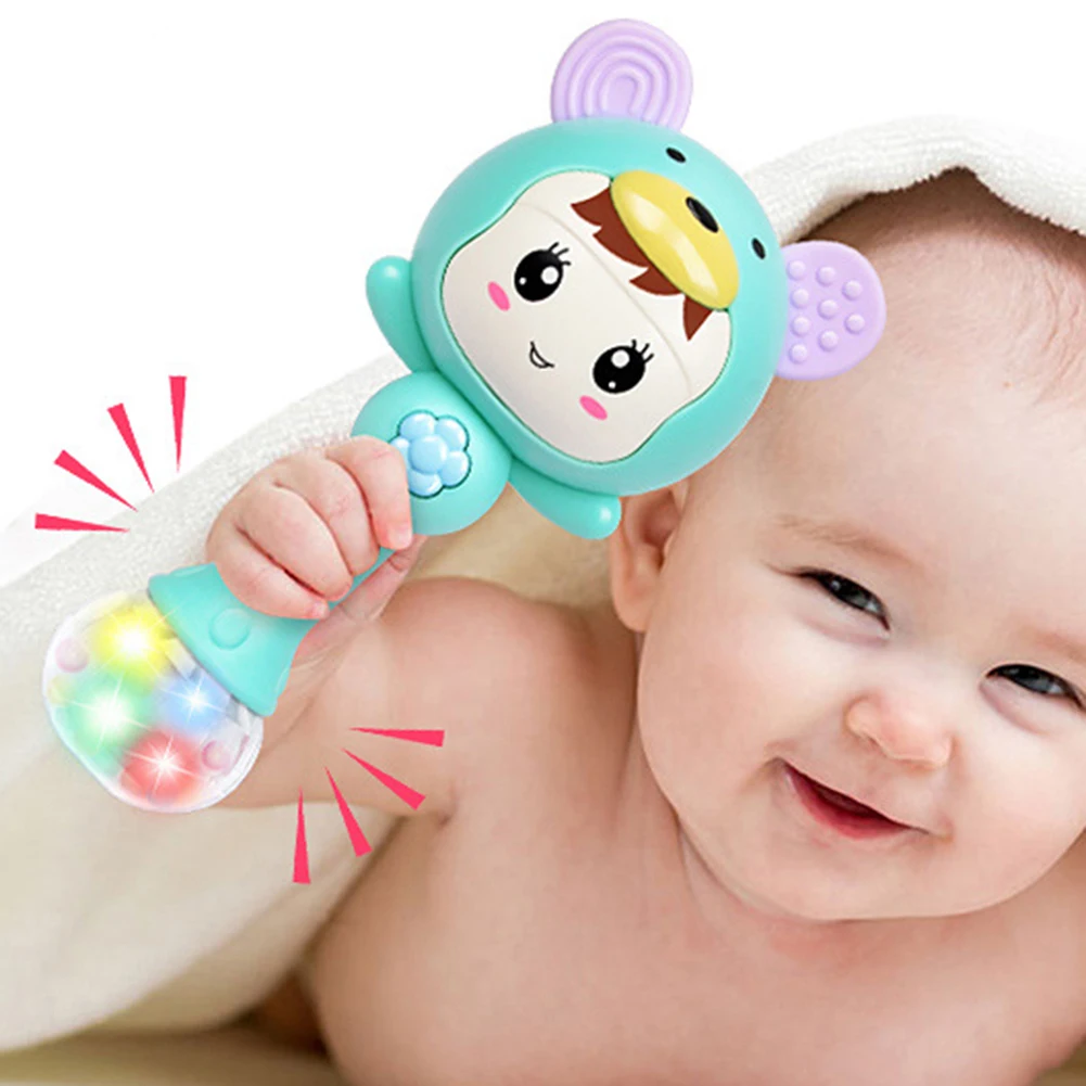 LED Glowing Hand Rattle Music Sand Hammer Soft Teether Development Baby Toy light will change with 2