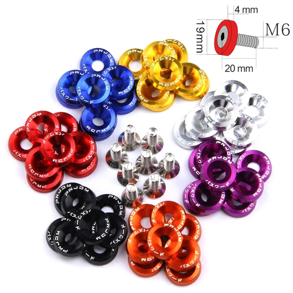 20-Piece Blue Billet Aluminum Fender/Bumper Washer Bolt Kit - M6 X 20mm Screws For JDM Style