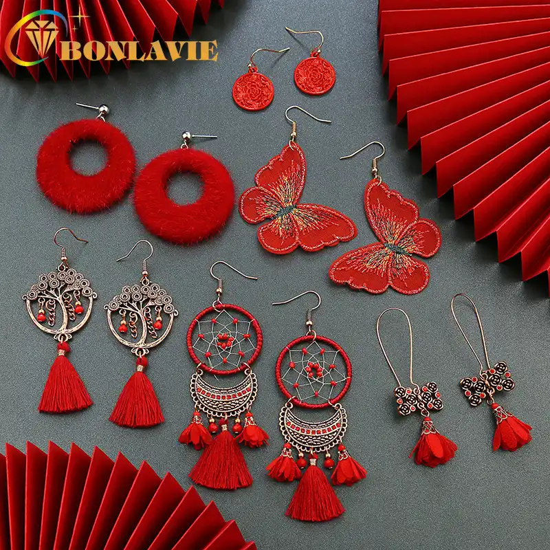 Bonlavie人気イヤリング中国スタイル赤誕生日新年赤花嫁のウェディング蝶ドリームキャッチャー花ファッションイヤリング ドロップイヤリング Aliexpress