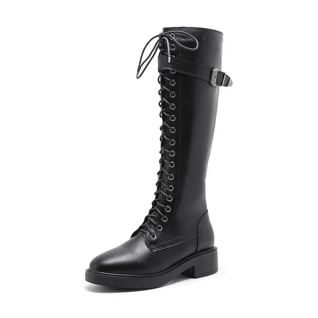 Black plus velvet Лидер продаж, Новые осенне-зимние сапоги до колена с галстуком Женская модная белая женская обувь на квадратном каблуке зимние большие размеры 43, CC24 - Цвет: Black plus velvet