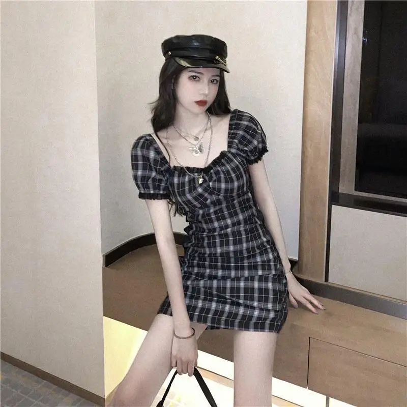 Dresses Womens Plaid Students Puff Sleeve Simple Street Style Square Collar Elegant Trendy Casual Aesthetic Ladies Slim Ulzzang long sleeve wedding dresses