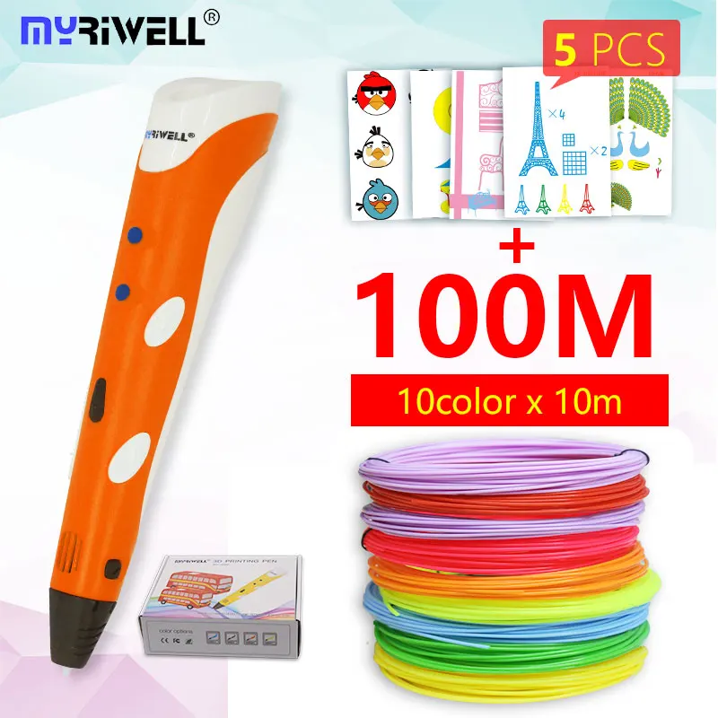 Myriwell, 3D Ручка, 3d ручка, RP-100A, pla, 1,75 мм, abs нить, 3d печать, ручка, 3 d ручка, инструмент для рисования, для детей, подарок на день рождения - Цвет: orange and abs100