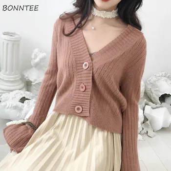 

Cardigan Women Solid V-neck Single Breasted Flare Sleeve Chic Trendy Top Clothing Elegant Vintage Female Sweater Coat New Womens