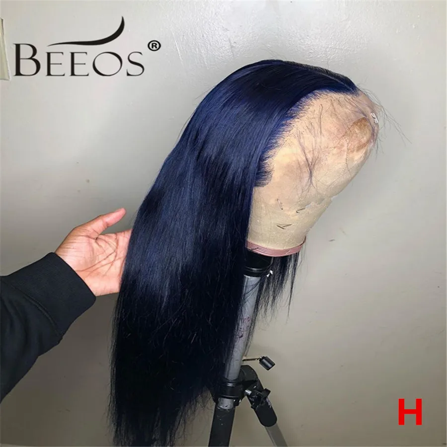 

Beeos 13*6 150% Deep Part Lace Front Human Hair Wig Straight Dark Blue Color Human hair Bleached Knots Peruvian Remy Hair