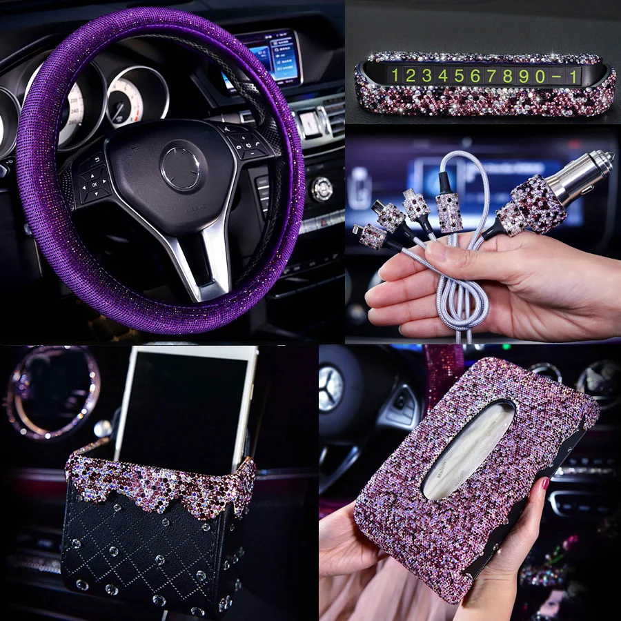 Фиолетовый горный хрусталь аксессуары для салона автомобиля для женщин Алмазная крышка рулевого колеса Кристалл автомобильный держатель, коробка для салфеток украшения