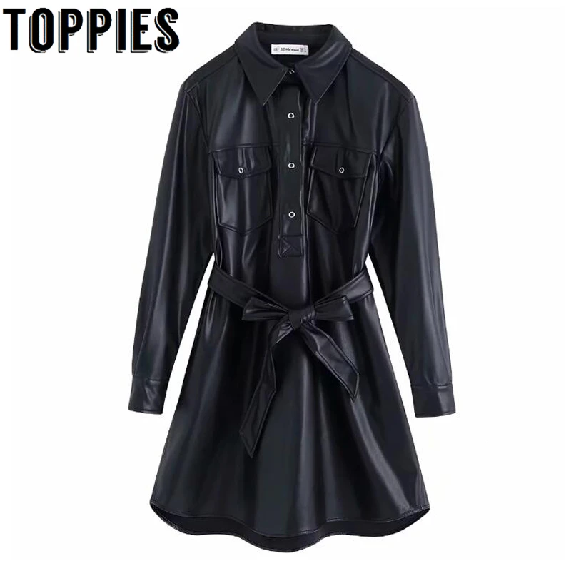 Online Vestido camisa de cuero negro vestido de invierno mujeres de manga larga con cordones Vestidos ropa de calle europea