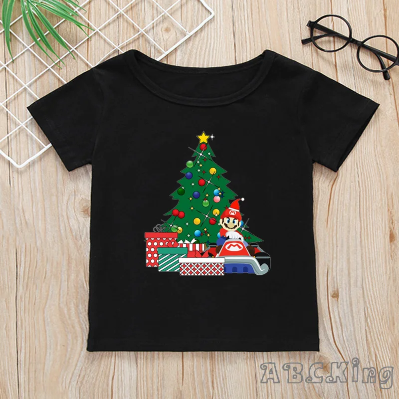Kids Super Mario Bros/Luigi With Christmas Tree Print Cartoon T Shirt Boys/Girls Tops Children Funny Black T-Shirt,HKP5524