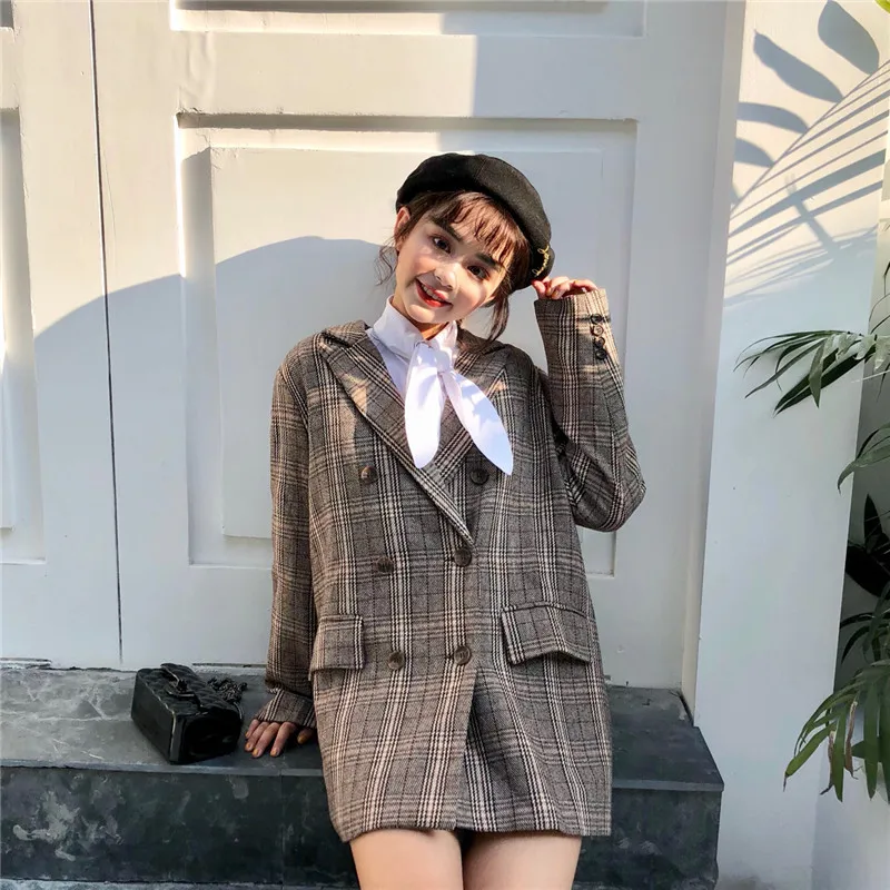 

CHIC Loose Retro Double Breasted Plaid Suit Jacket Women's 2019 Spring New Style Korean-style Online Celebrity Suit Fashion