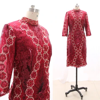 

MACloth Wine Red Sheath High Neck Tea-Length Midi Crystal Tulle Prom Dresses Dress M 268516 Clearance