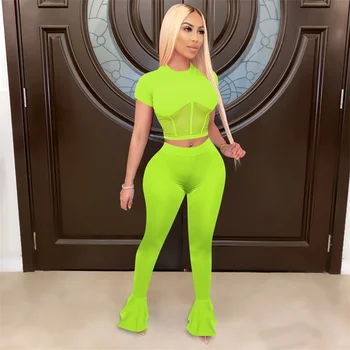 

Bandage TWo Piece Set Lady Outfits Summer And Autumn Women's Mesh Stitching Top& Ruffle Trumpet Pants Suit Two-piece Set