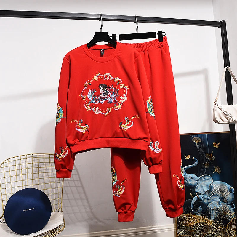

2021 Spring Embroidery Tracksuits Women Long Sleeve Clothes + Casual Little Feet Pants 2 Piece Sets Ladies Outfits Tide H1391