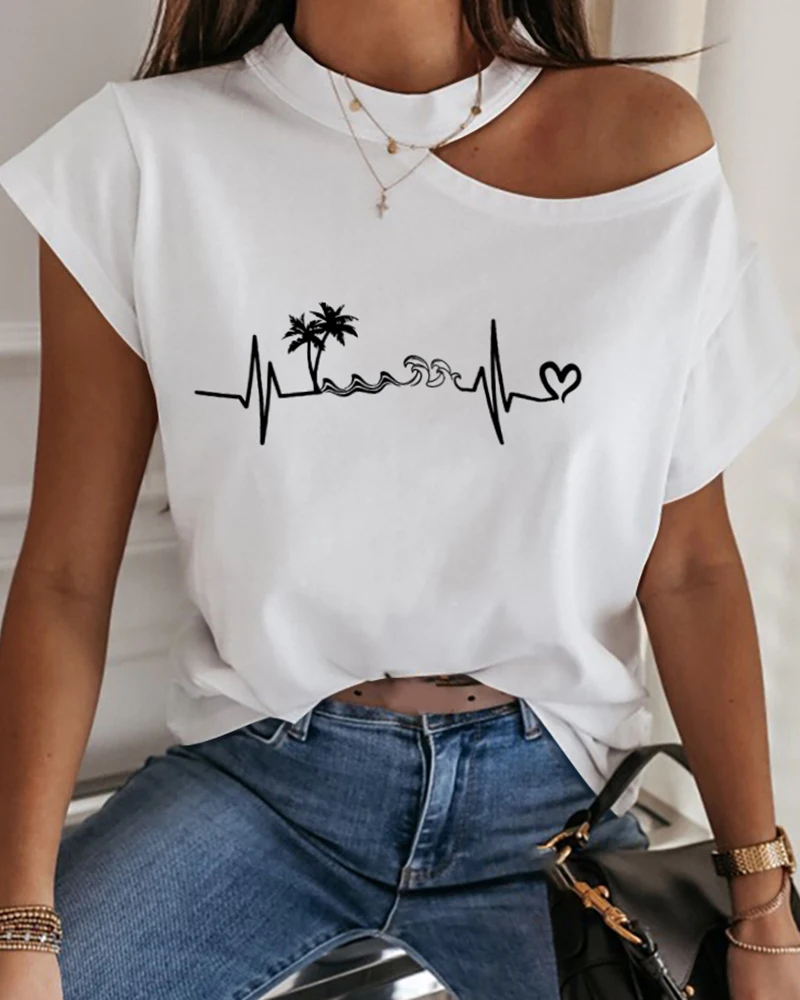 Женская футболка с вырезами на плечах летняя коротким рукавом и принтом