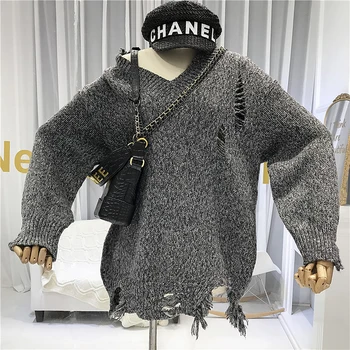 

Hole Designer Women Sweater 2019 High Quality V-Neck High Street Solid Loose Knitted Sweaters for Women Sweater and Pullovers