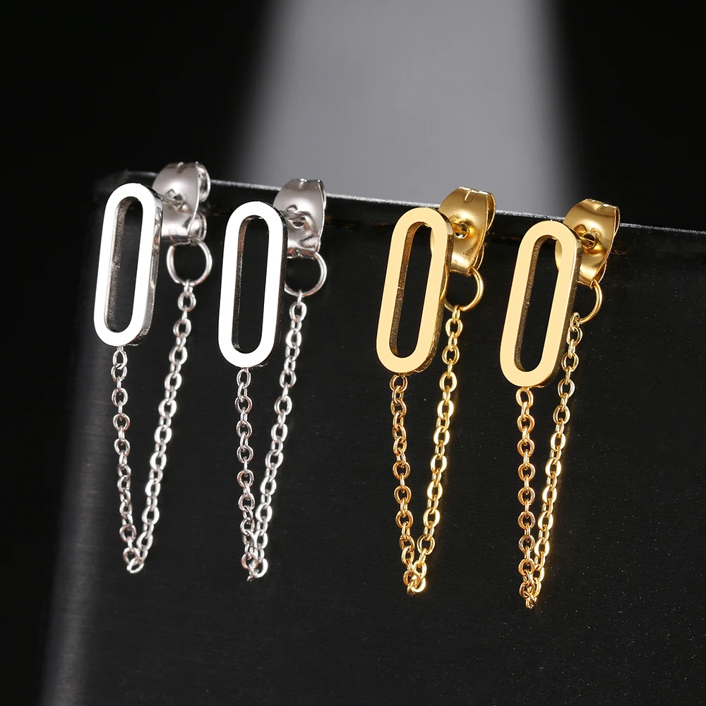 Stainless Steel Earrings 2022 Trend Classic Style Hollow Rounded Rectangle Fashion Tassel Chain Earrings For Women Jewelry Gifts - Image 4