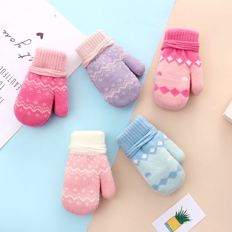 

Children's Gloves Winter Hanging Neck Knitting Wools Double Layer Girl's Thickened Warmth Kindergarten Bag Finger Boy 3-6 Years