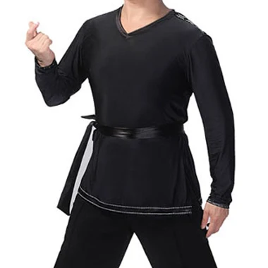 Long sleeve Горный хрусталь v-образным вырезом латинский танец Топ Мужская танцевальная рубашка для взрослых бальное танцевальная куртка профессиональная сценическая одежда для соревнований DL4444 - Цвет: Long sleeve