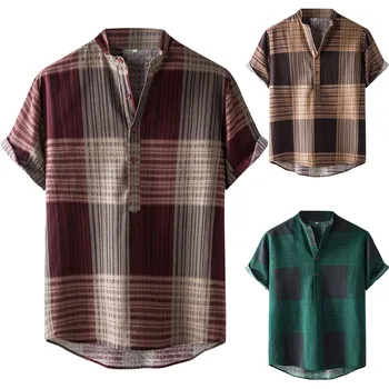 New High Quality Men's Shirt Fashion Casual Stripe Print Stand Neck Short Sleeve Button Turn-down Shirt Гавайская Рубашка 2021 1