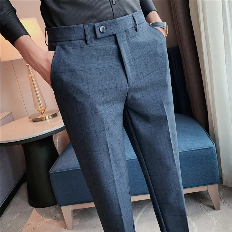British Style Dress Suit Pant Men 2023 New Plaid Slim Suit Pant Men Designer Gentlemen Business Casual Work Office Dress Pant image