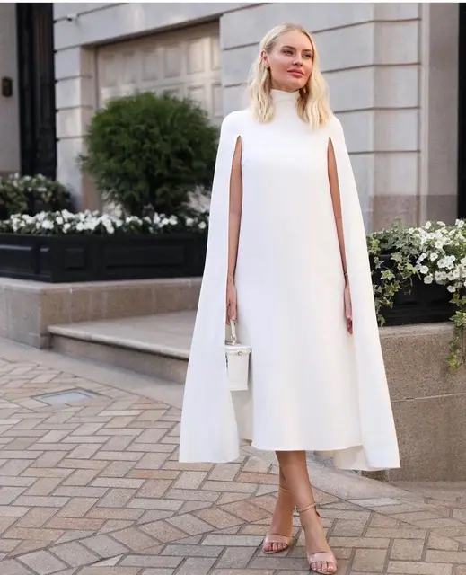 Fivsole 2022 High Neck Cap Sleeves A-line Evening Dresses Vestido Longo Tea Length Gown Women Elegant Outfit Vestidos De Fiesta Ivory