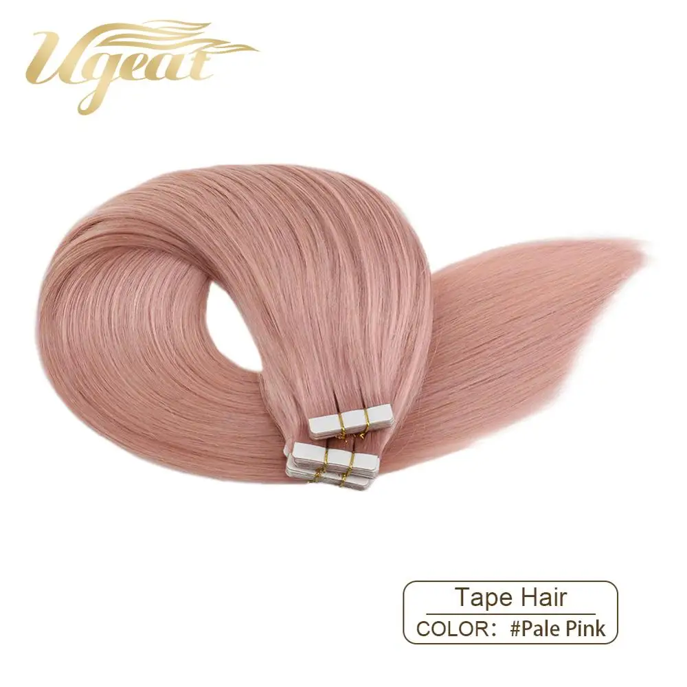 Ugeat волосы для наращивания на ленте, натуральные человеческие волосы, цвет натуральный, прямые, 12-22 дюйма, кожа, уток, бесшовные волосы, 10 шт./20 шт./40 шт - Цвет: Pale Pink