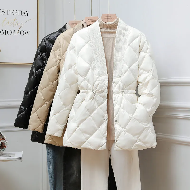 

White Duck Down Coat Parkas 2021 Autumn Winter Women Warm V Neck Drawstring Midi Casual Jackets Female Lightweight Outwear Tops