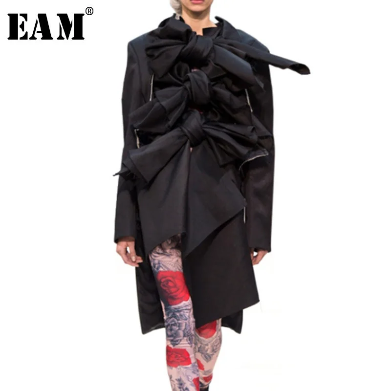 

[EAM] Loose Fit Bow Bandage Button Temperament Suit Jacket New Lapel Long Sleeve Women Coat Fashion Autumn Winter 2019 1A340