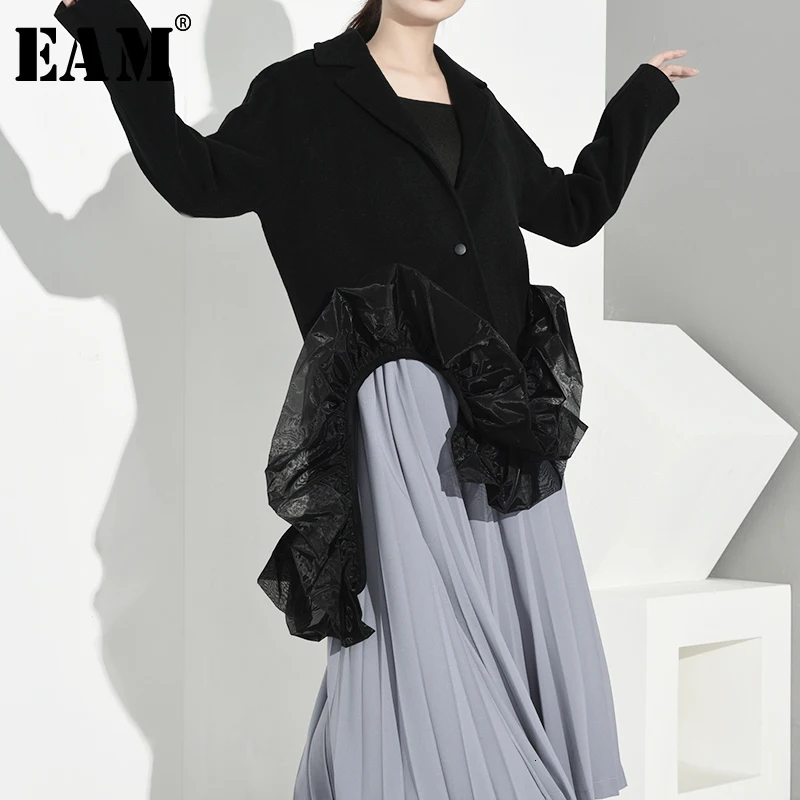 

[EAM] 2020 Spring Autumn Woman Black Color Long Sleeve Turn-down Collar Single Button Spliced Mesh Long Wide-waisted Coat LE004