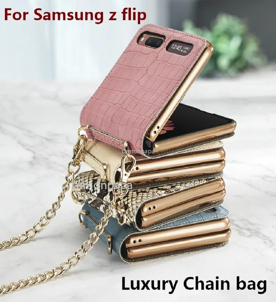Luxury Case for Samsung Z Flip 5G Magnetic Mirror Fold Phone Case with Chain Strap Shockproof Cover for Samsung Z Flip Case